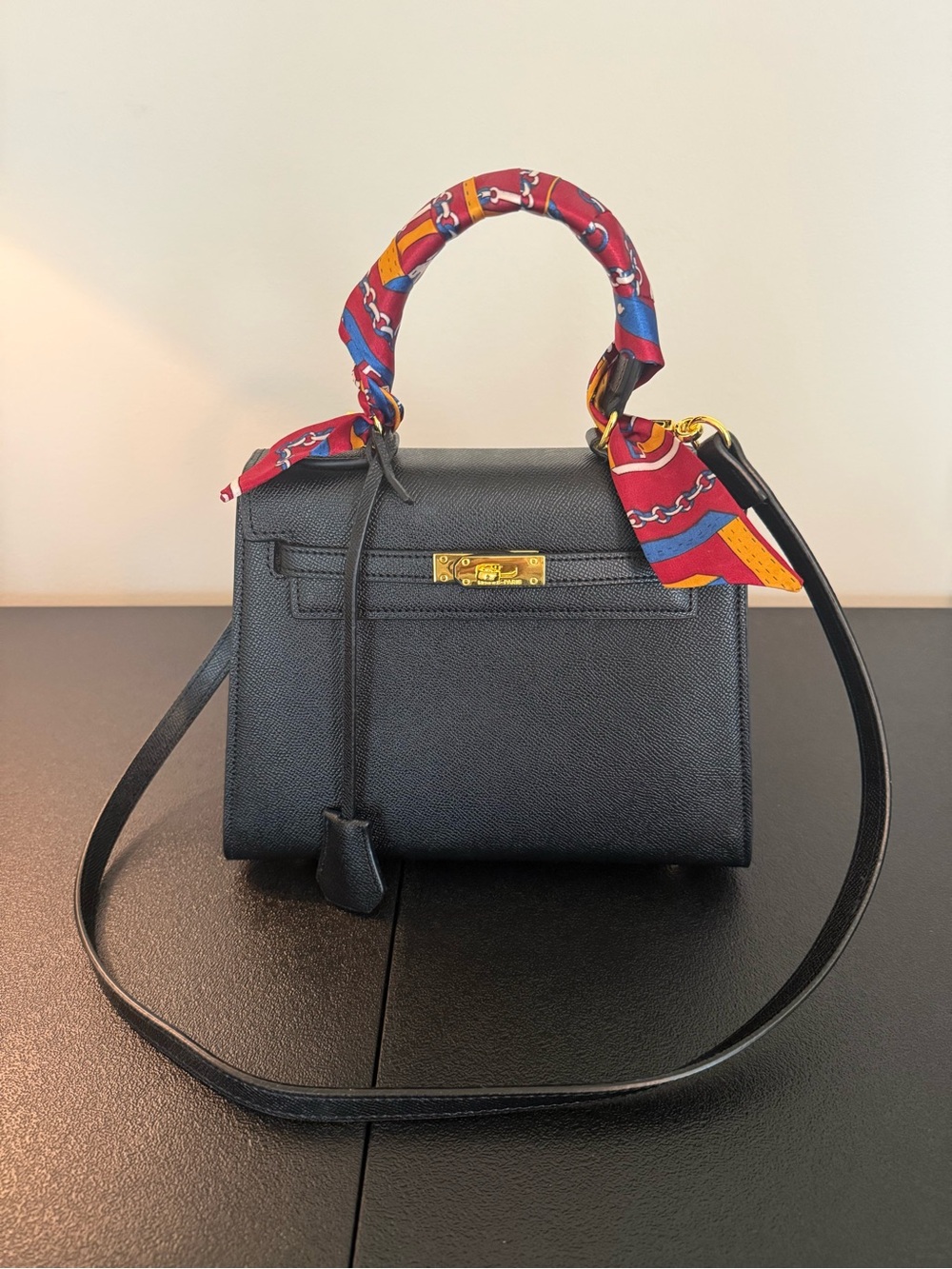 Structured Black 20cm (mini) Satchel with Gold Hardware and Red Scarf Accent